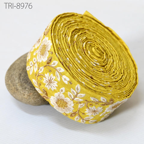 9 Yard Embroidered Fabric Embroidery 56Mmm Trim Yellow Decorative Indian Embellishments Tapes Crafting Sewing Saree Ribbons Clutches Border