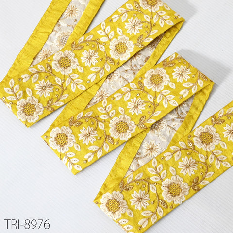 9 Yard Embroidered Fabric Embroidery 56Mmm Trim Yellow Decorative Indian Embellishments Tapes Crafting Sewing Saree Ribbons Clutches Border