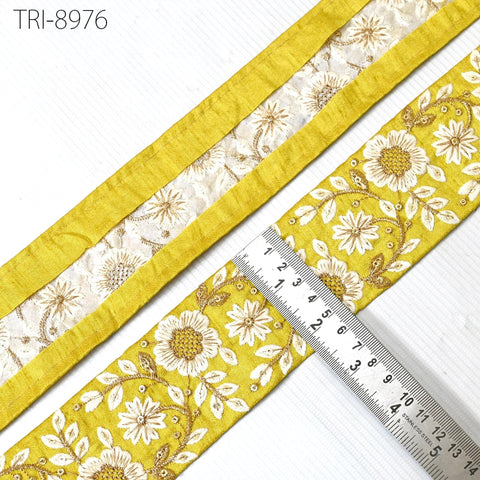 9 Yard Embroidered Fabric Embroidery 56Mmm Trim Yellow Decorative Indian Embellishments Tapes Crafting Sewing Saree Ribbons Clutches Border