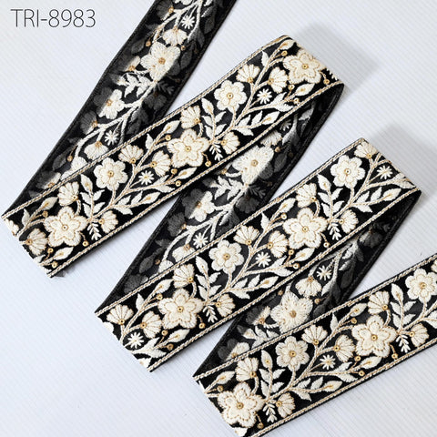 9 Yard Black Embroidery 5cm Ribbon Indian Sari Border Embroidered Crafting Sewing Costumes Tablecloth Lampshades making Home Decor Trimmings