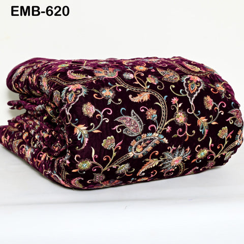 Sequin Indian Embroidered Velvet Wine Fabric by the yard Sewing Crafting Wedding Dress Theatrical Costumes Waistcoats Doll Bags Home Decor