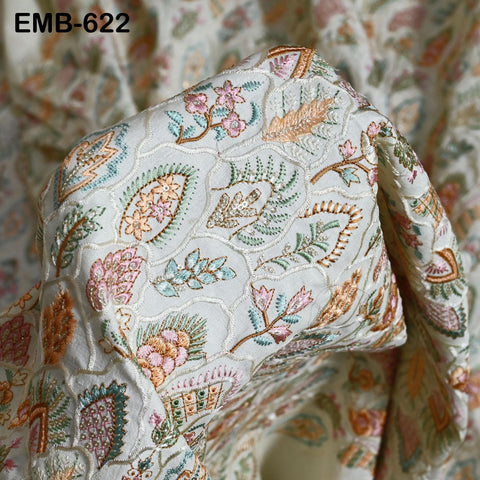 Ivory Embroidered Fabric by the yard Sewing DIY Crafting Embroidery Wedding Dress Costumes Dolls Bags Cushion Covers Table Runners Blouses