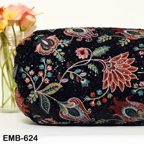 Sequin Indian Embroidered Velvet Blue Fabric by the yard Sewing Crafting Wedding Dress Theatrical Costumes Waistcoats Doll Bags Home Decor