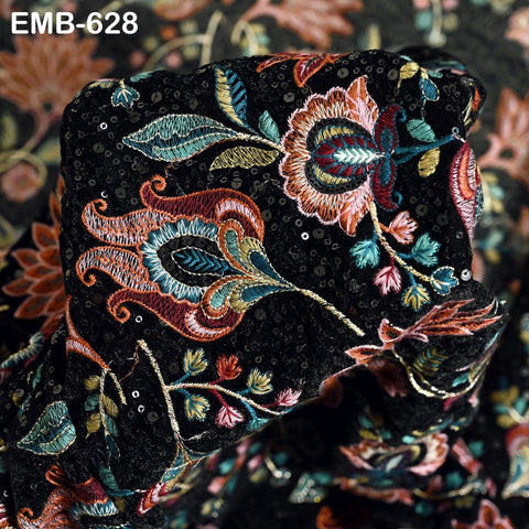 Sequin Indian Embroidered Velvet Black Fabric by the yard Sewing Crafting Wedding Dress Theatrical Costumes Waistcoats Doll Bags Home Decor