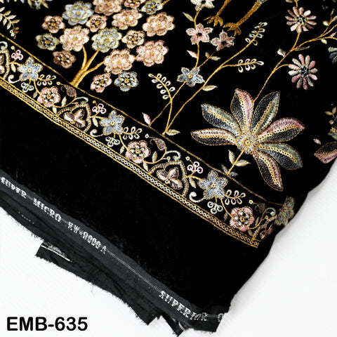 55 inches Black Indian Embroidered Velvet Fabric by the yard Sewing Crafting Wedding Dresses Theatrical Costumes Longline Jackets Waistcoats