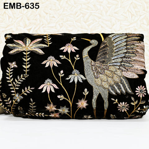 55 inches Black Indian Embroidered Velvet Fabric by the yard Sewing Crafting Wedding Dresses Theatrical Costumes Longline Jackets Waistcoats