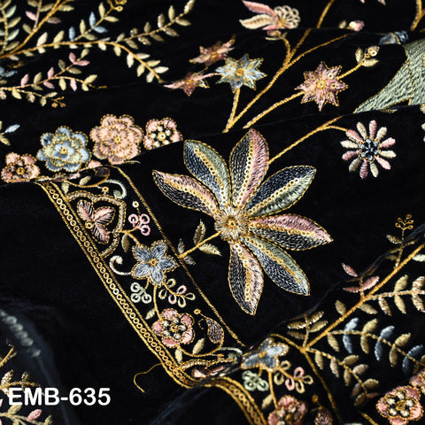 55 inches Black Indian Embroidered Velvet Fabric by the yard Sewing Crafting Wedding Dresses Theatrical Costumes Longline Jackets Waistcoats