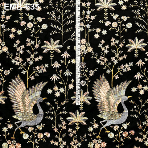 55 inches Black Indian Embroidered Velvet Fabric by the yard Sewing Crafting Wedding Dresses Theatrical Costumes Longline Jackets Waistcoats