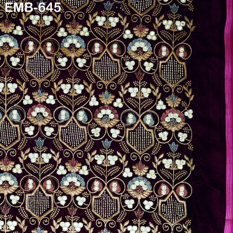 Sequin Indian Embroidered Velvet Wine Fabric by the yard Sewing Crafting Wedding Dress Theatrical Costumes Waistcoats Doll Bags Home Decor