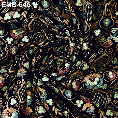 Sequin Indian Embroidered Velvet Black Fabric by the yard Sewing Crafting Wedding Dress Theatrical Costumes Waistcoats Doll Bags Home Decor