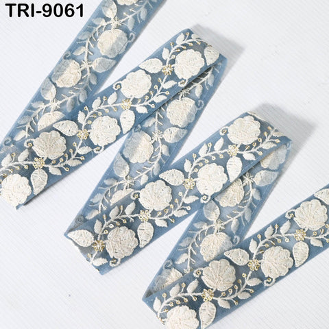 9 Yard Sky Blue 40mm Embroidery Trims Ribbons Border Embroidered Fabric Gift Wrapping Saree DIY Crafting Christmas Decoration Embellishment