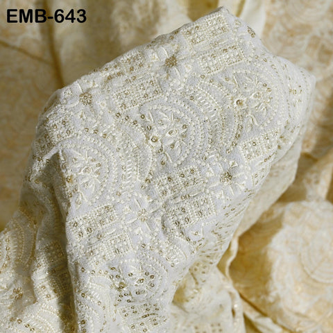 Ivory Indian Embroidered Velvet Fabric by the yard Sewing DIY Crafting Wedding Dress Costumes Full Length Coats Shift Dresses Quilting