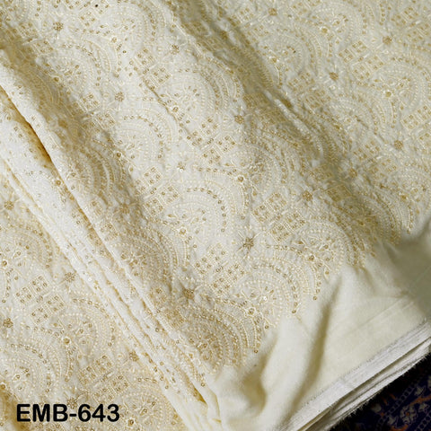 Ivory Indian Embroidered Velvet Fabric by the yard Sewing DIY Crafting Wedding Dress Costumes Full Length Coats Shift Dresses Quilting