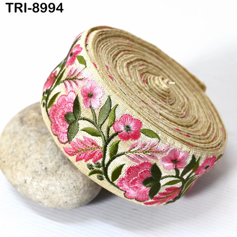 9 Yard Indian Pink Embroidery Ribbon 5cm Trim Sari Border Crafting Embroidered Decorative Costumes Designing Curtains Home Decor Trimmings