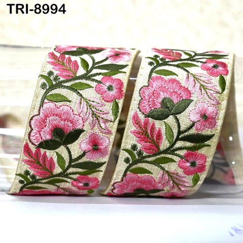 9 Yard Indian Pink Embroidery Ribbon 5cm Trim Sari Border Crafting Embroidered Decorative Costumes Designing Curtains Home Decor Trimmings
