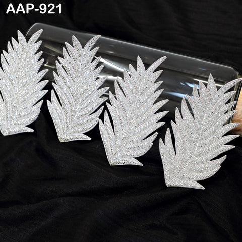 4 Silver Beaded Leaf Appliques: Embroidered Indian Patches (5.5 Inch)