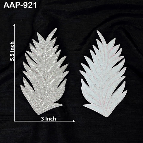 4 Silver Beaded Leaf Appliques: Embroidered Indian Patches (5.5 Inch)