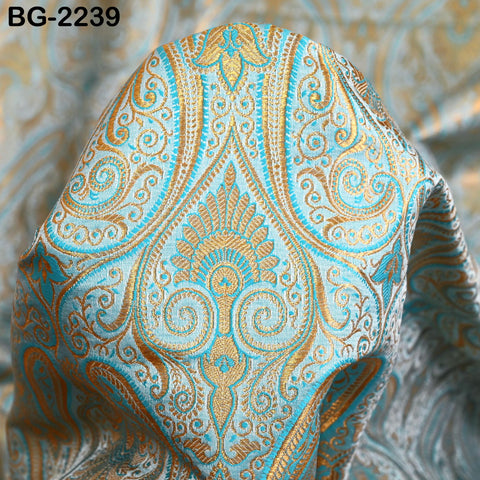Indian Light Turquoise Brocade by the Yard Sewing Wedding Dress Jacket Blended Silk Banarasi Costume Material Crafting Upholstery Furnishing