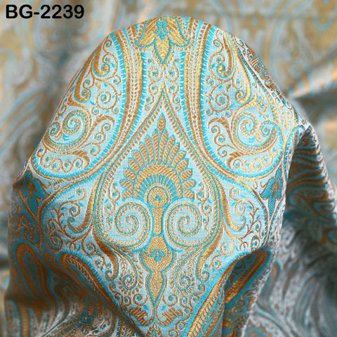 Indian Light Turquoise Brocade by the Yard Sewing Wedding Dress Jacket Blended Silk Banarasi Costume Material Crafting Upholstery Furnishing