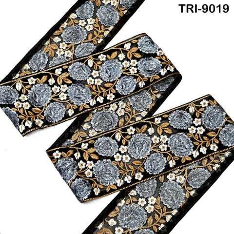 9 Yard Embroidery Grey 85mm Ribbons Embellishment Embroidered Fabric Saree Border Theatrical Costumes Crafting Sewing Holidays Decorations