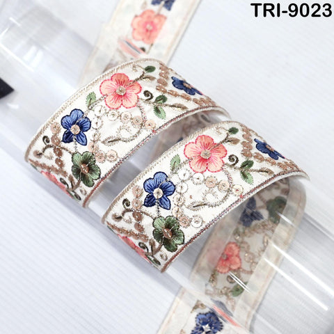 9 Yard Peach Embroidery Ribbon 4cm Indian Sari Border Embroidered Crafting Sewing Costumes, Dog Collar, Tote Bags, Lampshades Holidays Decor