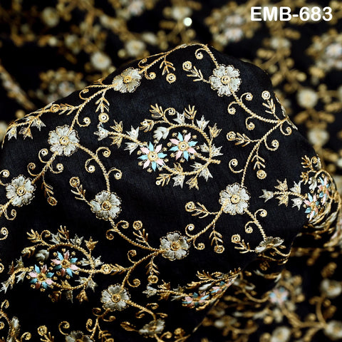 Indian Black Embroidered Fabric by the yard Sewing Crafting Wedding Dress Embroidery Costumes Blouses Mid Length Coats Short Jackets Curtain