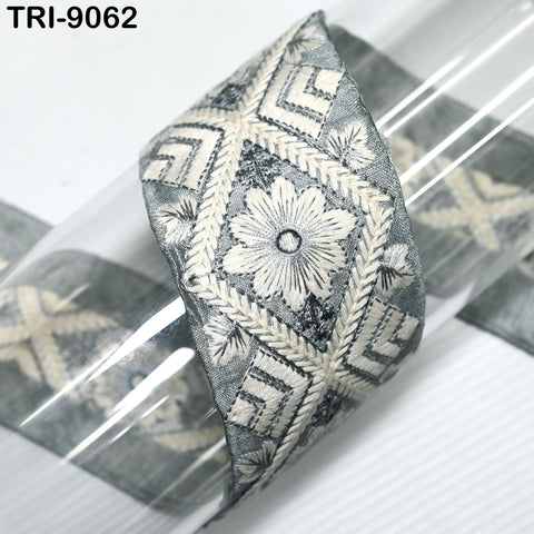 9 Yard Grey Embroidered Saree Ribbons Embroidery 5cm Trims Sari Border Embellishments Crafting Costumes Curtains Dog Collar Tote Beach Bags