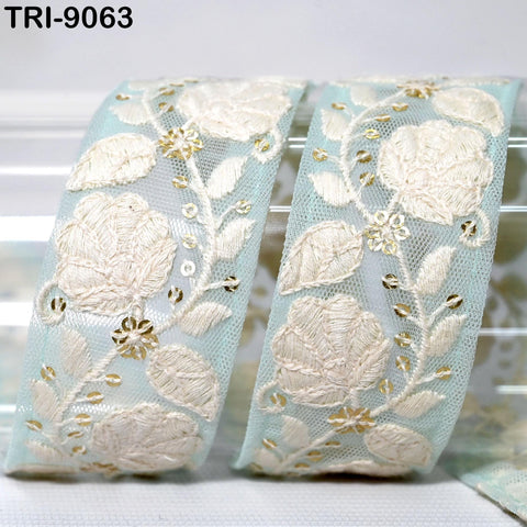 9 Yard Powder Blue 40mm Embroidery Trims Ribbons Border Embroidered Fabric Gift Wrapping Saree Crafting Christmas Decoration Embellishment