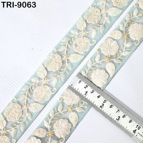 9 Yard Powder Blue 40mm Embroidery Trims Ribbons Border Embroidered Fabric Gift Wrapping Saree Crafting Christmas Decoration Embellishment