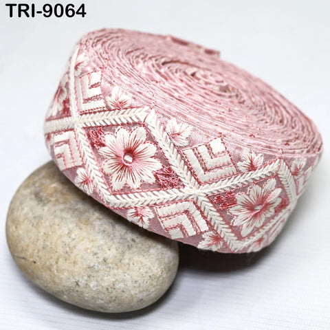 9 Yard Pink Embroidered Saree Ribbons Embroidery 5cm Trims Sari Border Embellishments Crafting Costumes Curtains Dog Collar Tote Beach Bags