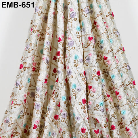 Ivory Embroidered Fabric by the yard Sewing DIY Crafting Indian Embroidery Wedding Dresses Dolls Victorian Costumes Long Nehru Coat Blouses