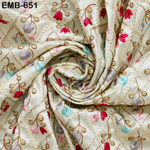 Ivory Embroidered Fabric by the yard Sewing DIY Crafting Indian Embroidery Wedding Dresses Dolls Victorian Costumes Long Nehru Coat Blouses