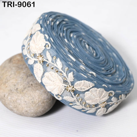 9 Yard Sky Blue 40mm Embroidery Trims Ribbons Border Embroidered Fabric Gift Wrapping Saree DIY Crafting Christmas Decoration Embellishment