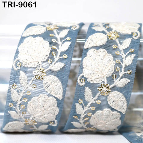 9 Yard Sky Blue 40mm Embroidery Trims Ribbons Border Embroidered Fabric Gift Wrapping Saree DIY Crafting Christmas Decoration Embellishment