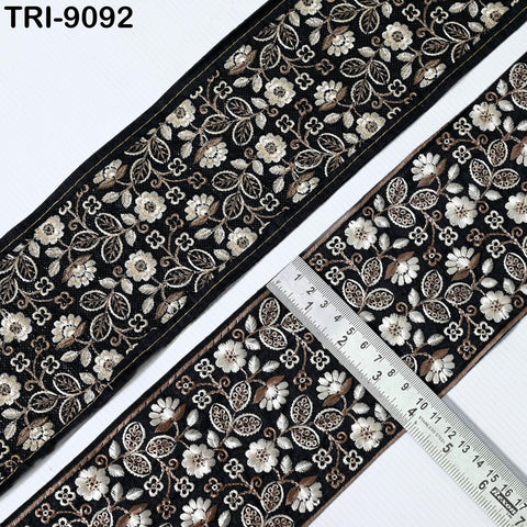 9 Yard Black Embroidered Ribbons 10cm Trim Indian Embroidery Laces | Sari Border Saree | DIY Crafting Beach Bag Decorative Trimmings Tapes
