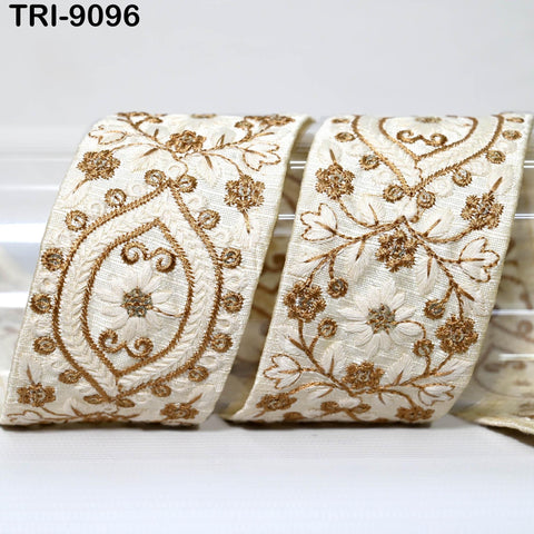 9 Yard Ivory Indian Ribbon Embellishment Embroidered 5cm Fabric Trim Saree Crafting Sewing Embroidery Border Trimmings Lampshades Tote Bags