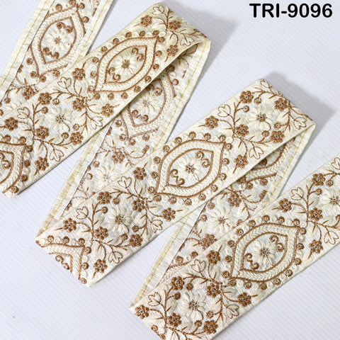 9 Yard Ivory Indian Ribbon Embellishment Embroidered 5cm Fabric Trim Saree Crafting Sewing Embroidery Border Trimmings Lampshades Tote Bags