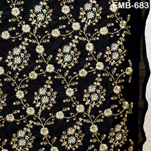 Indian Black Embroidered Fabric by the yard Sewing Crafting Wedding Dress Embroidery Costumes Blouses Mid Length Coats Short Jackets Curtain