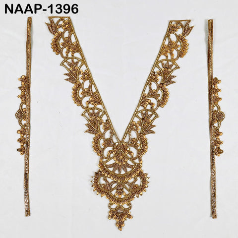 Antique Golden Embroidered Sew-On Neckline Patch with Sleeves - Handcrafted Indian Brass Artwork for DIY Garments, Dress, Sari, Suit Lehenga