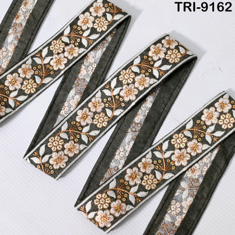 9 Yard Grey Embroidery Ribbon 4cm Trim Embroidered Indian Sari Embellishments DIY Crafting Cats Dogs Collar Trimmings Headband Saree Border
