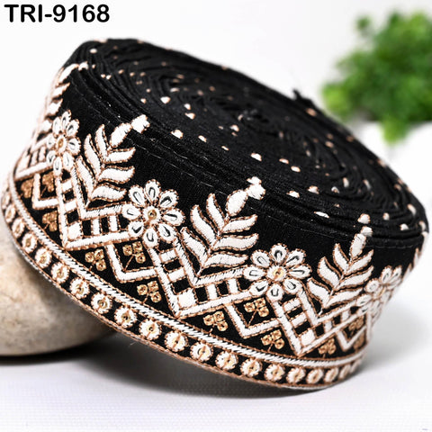 9 Yard Embroidery Trims Ribbon 55mm Black Embroidered Decorative Indian Embellishment Tapes DIY Crafting Clutches Sewing Dog Collar Tote Bag