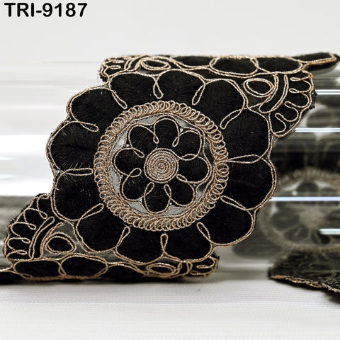 3 Yard Black Indian Embroidery Trim Ribbon 8cm Embroidered Wedding Sari Lehenga Border Saree Sewing Crafting Wall Decor Curtains Headbands