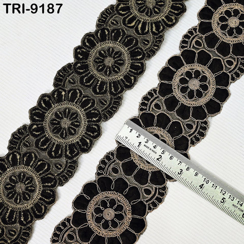 3 Yard Black Indian Embroidery Trim Ribbon 8cm Embroidered Wedding Sari Lehenga Border Saree Sewing Crafting Wall Decor Curtains Headbands