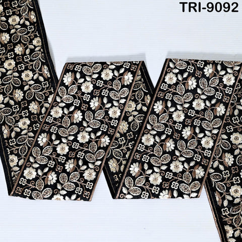 3 Yard Black Embroidered Ribbons Trim Indian Embroidery Laces | Sari Border Saree | DIY Crafting Beach Bag Decorative Trimmings Tapes 10cm