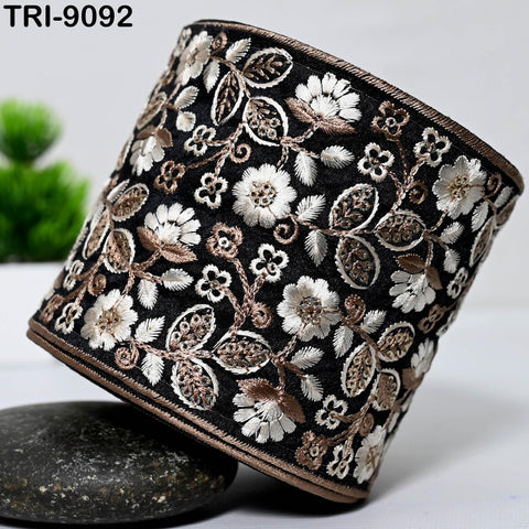 3 Yard Black Embroidered Ribbons Trim Indian Embroidery Laces | Sari Border Saree | DIY Crafting Beach Bag Decorative Trimmings Tapes 10cm