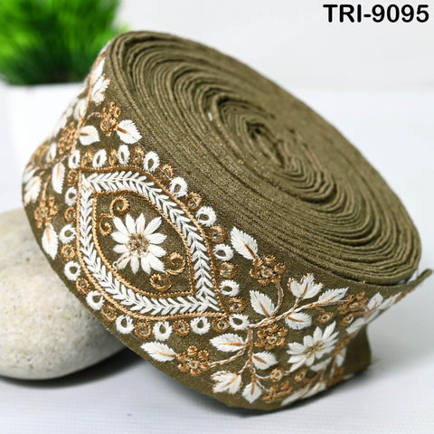 9 Yard Khaki Indian Embellishment Embroidered 5cm Fabric Trim Saree Ribbon Crafting Sewing Embroidery Border Dress Trimmings Beach Tote Bags