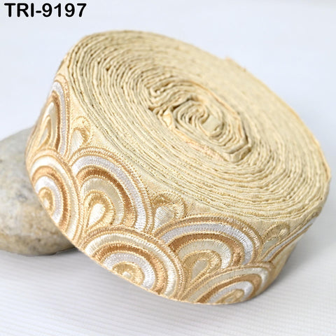 9 Yard Beige 5cm Embroidery Trim Ribbon Border Embroidered Fabric Gift Wrapping Saree Crafting Shoe making Lampshades Belts Embellishment