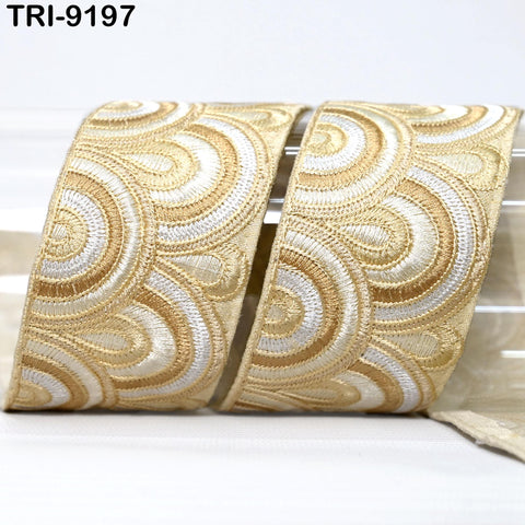 9 Yard Beige 5cm Embroidery Trim Ribbon Border Embroidered Fabric Gift Wrapping Saree Crafting Shoe making Lampshades Belts Embellishment