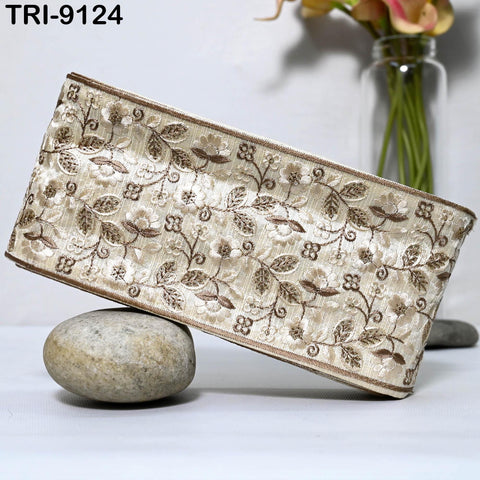 9 Yard Ivory Embroidered Ribbons 10cm Trim Indian Embroidery Laces | Sari Border Saree | DIY Crafting Hair Accessory Beach Tote Bags Curtain