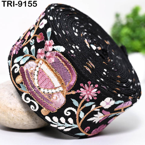 9 Yard Teal Floral 6cm Beach Bags Home Decor Embellishments Drapery Embroidered Fabric Trim Saree Border DIY Crafting Sewing Sari Ribbon